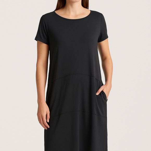 Eileen Fisher Dresses & Skirts - Eileen Fisher Stretch Jersey Knit Round Neck Dress Short Sleeve Pockets Black XL
